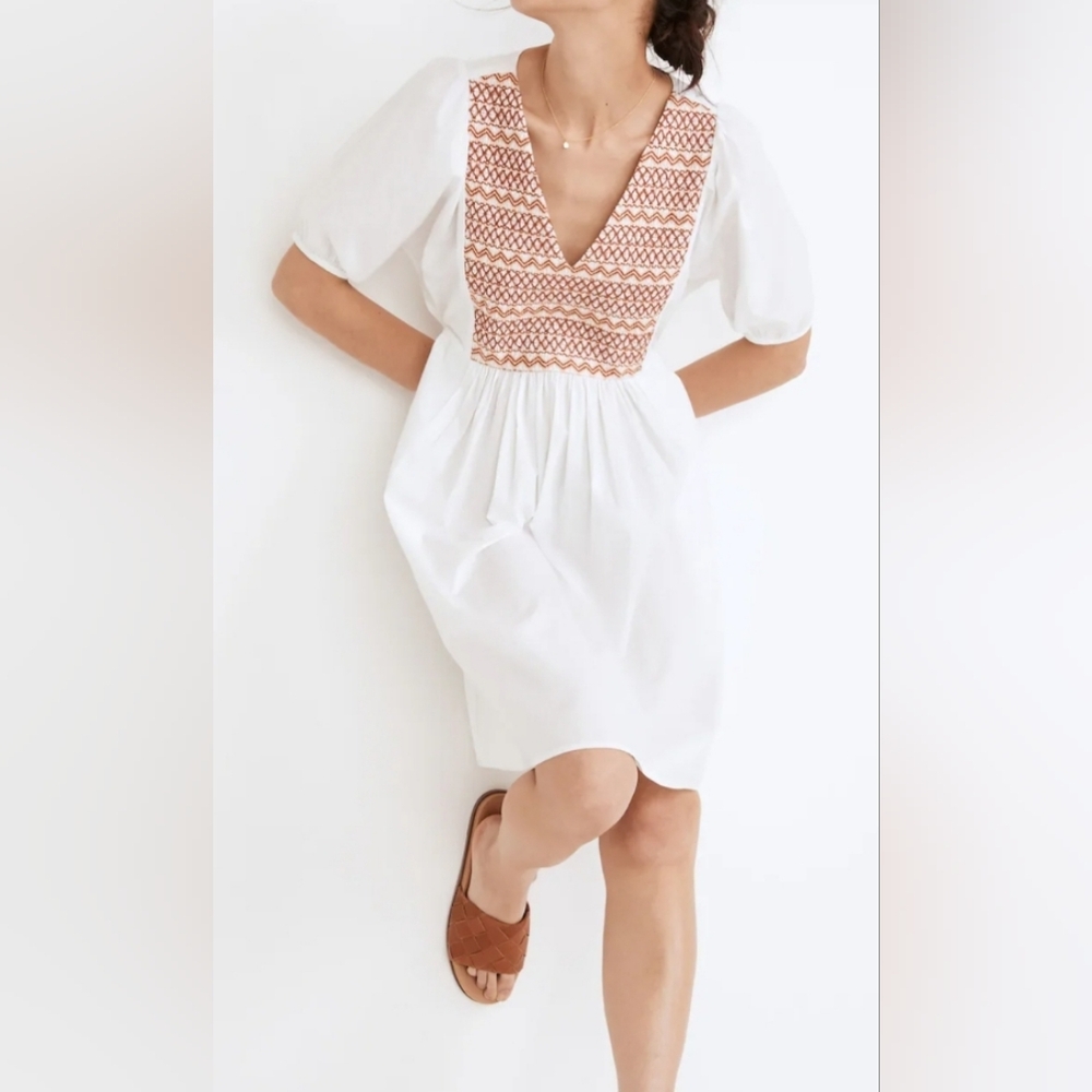 Madewell White Cotton Poplin Embroidered Mini Dress, Size S